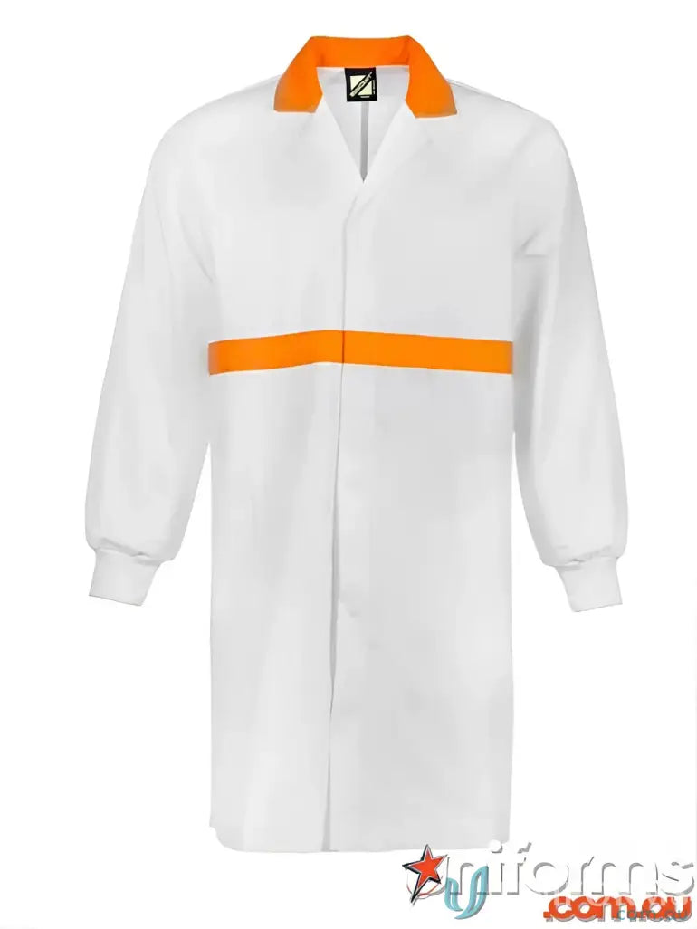White long length dust coat with orange accents and seam pockets for food production workers
