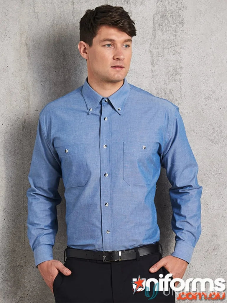 Winning Spirit Chambray Shirt for men, blue long-sleeve chambray long shirt
