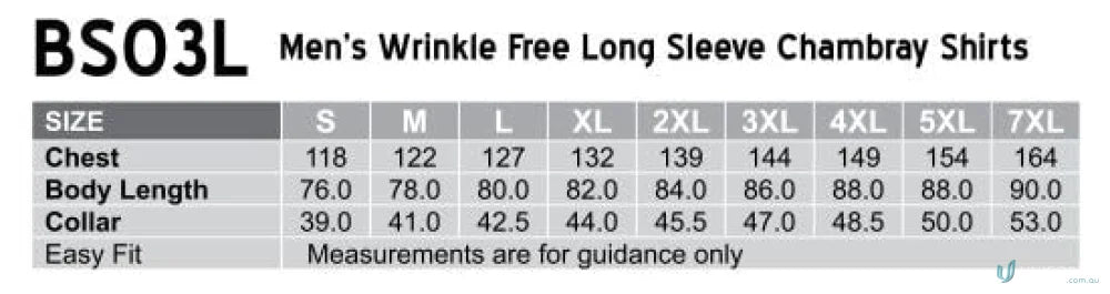 Winning Spirit Men’s Chambray Long Sleeve Shirt size chart for wrinkle-free long-sleeve chambray long shirts