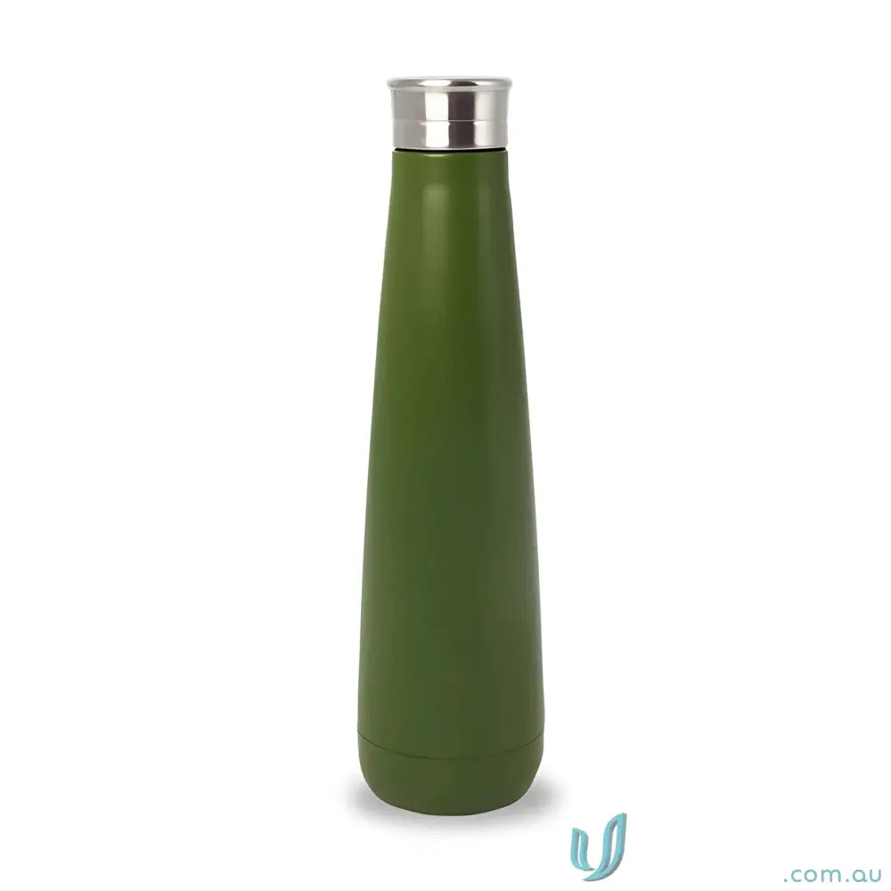 Olive green stainless steel water bottle with silver cap, double-walled insulation