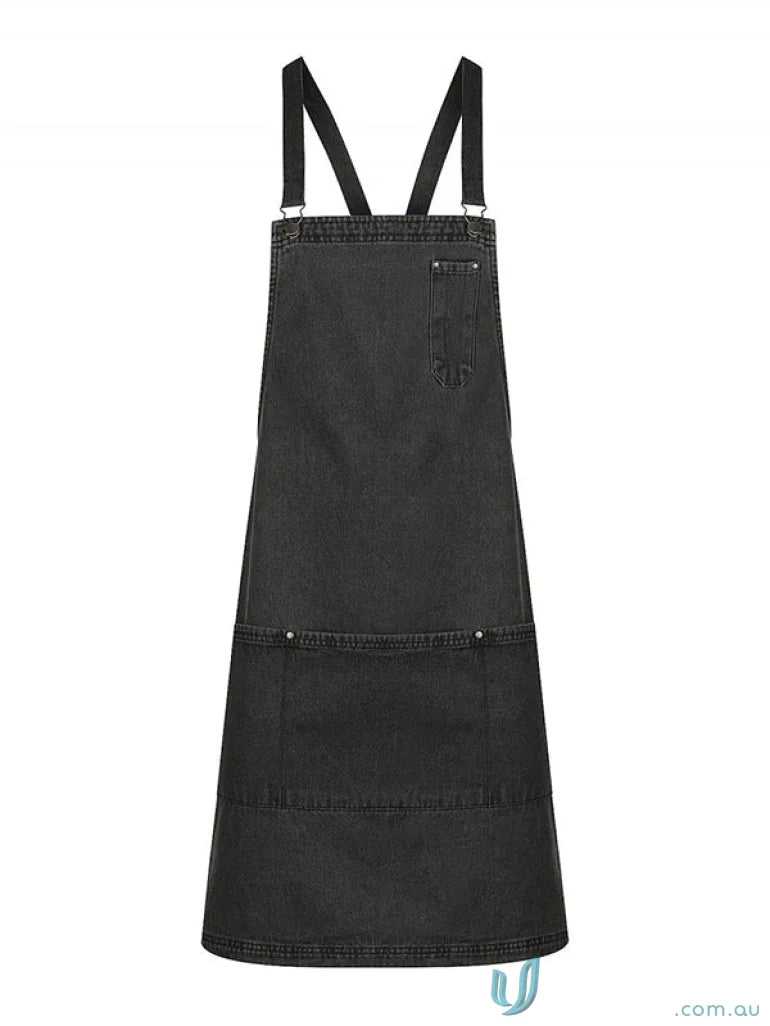 Louie Stonewash Apron with reinforced metal rivets and metal dungaree clip in blue denim