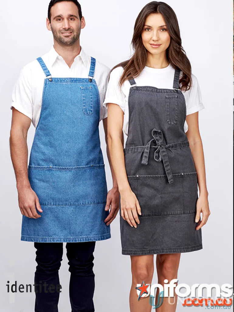 Two people wearing Louie Stonewash Apron denim dungaree with reinforced metal rivets
