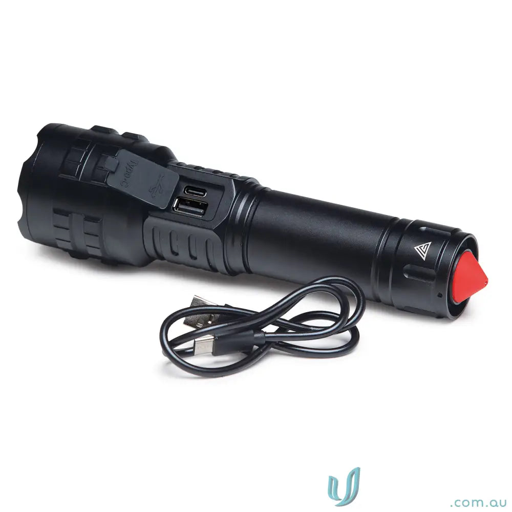 Black LuminaPro 15W XHP70 LED Torch with USB ports and emergency glass-breaking tip