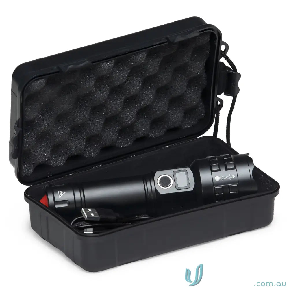 Black LuminaPro Torch with 15W XHP70 LED, digital display, charger in foam case
