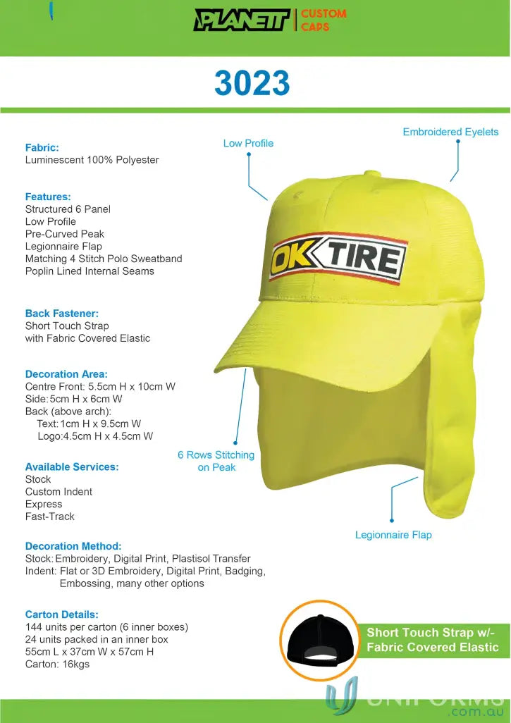 Yellow legionnaire cap from Luminescent Safety Cap with Flap, perfect for workwear uniforms