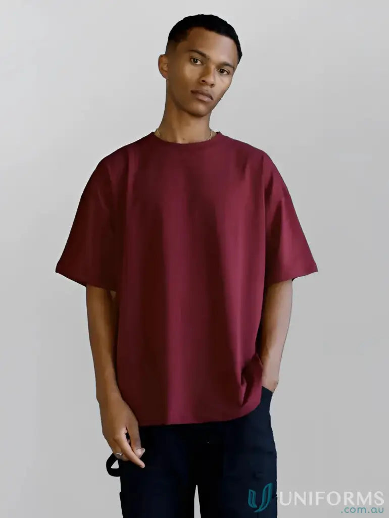 Maroon oversized tee with relaxed fit, perfect for casual uniforms or streetwear