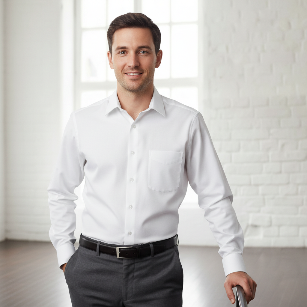 Luxe premium cotton LS shirt with classic collar and button-down front