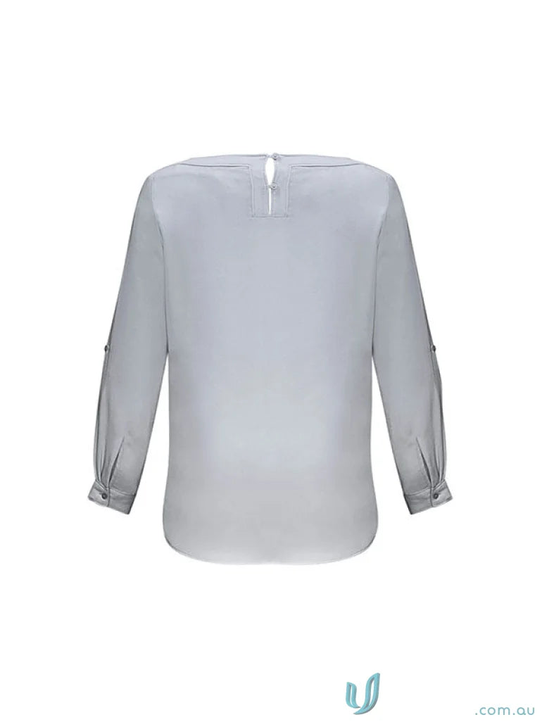Gray long-sleeved womens Madison Boatneck blouse in finely stitched mechanical stretch fabric