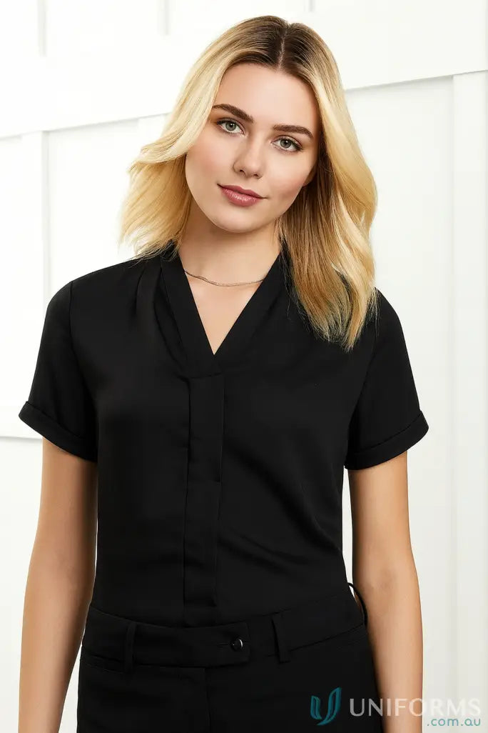 Women’s black short-sleeved collared blouse from Biz Collection Madison SS Blouse