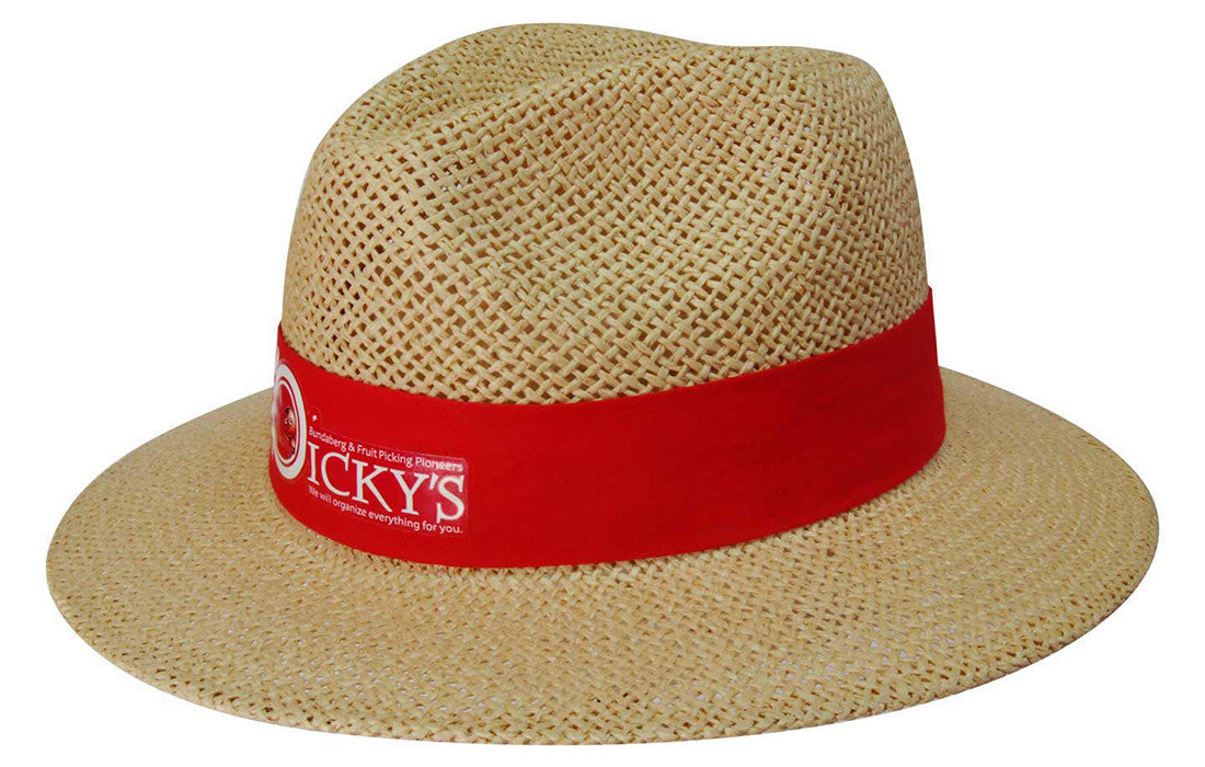 Madrid style palm straw fedora with Ickys logo imprint on red band
