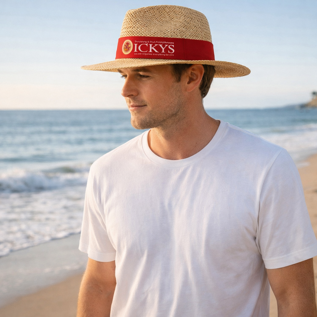 Madrid style palm straw fedora with Ickys logo imprint on red band