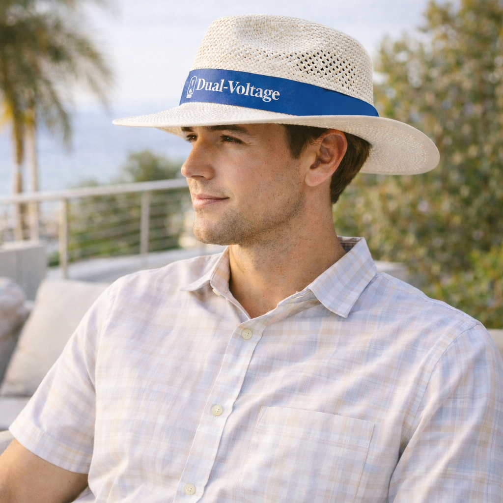 Madrid style string straw hat with light beige weave, blue dual-voltage imprint band