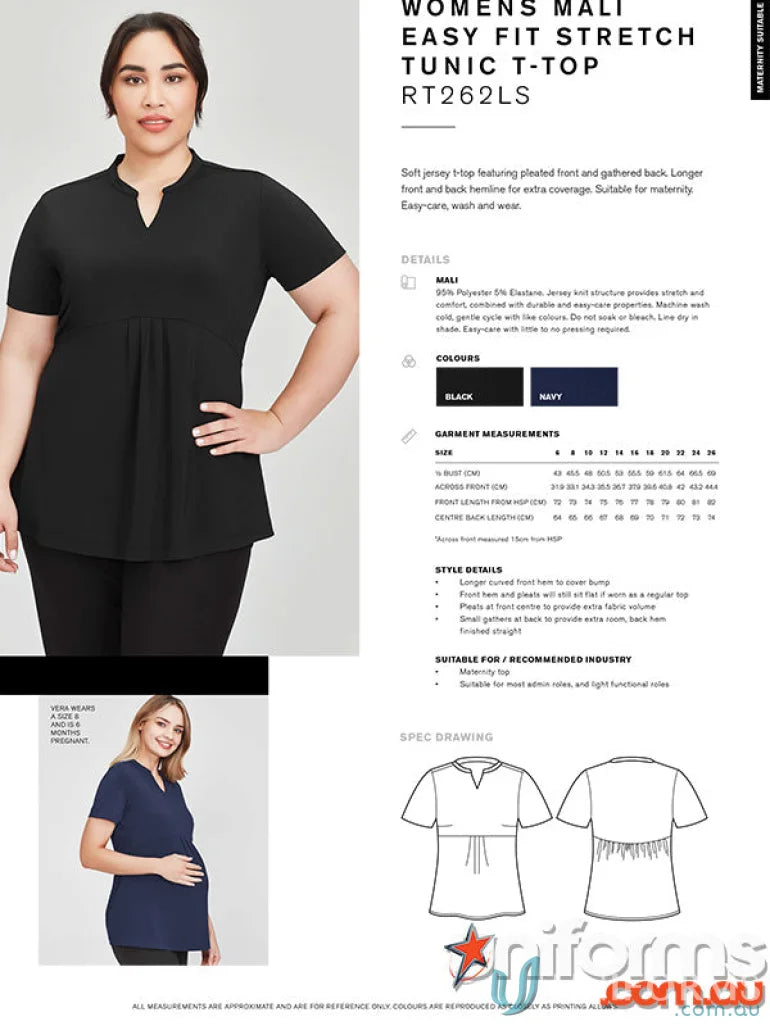 Women’s maternity jersey t-top featuring Mali Stretch Tunic design and comfy fit