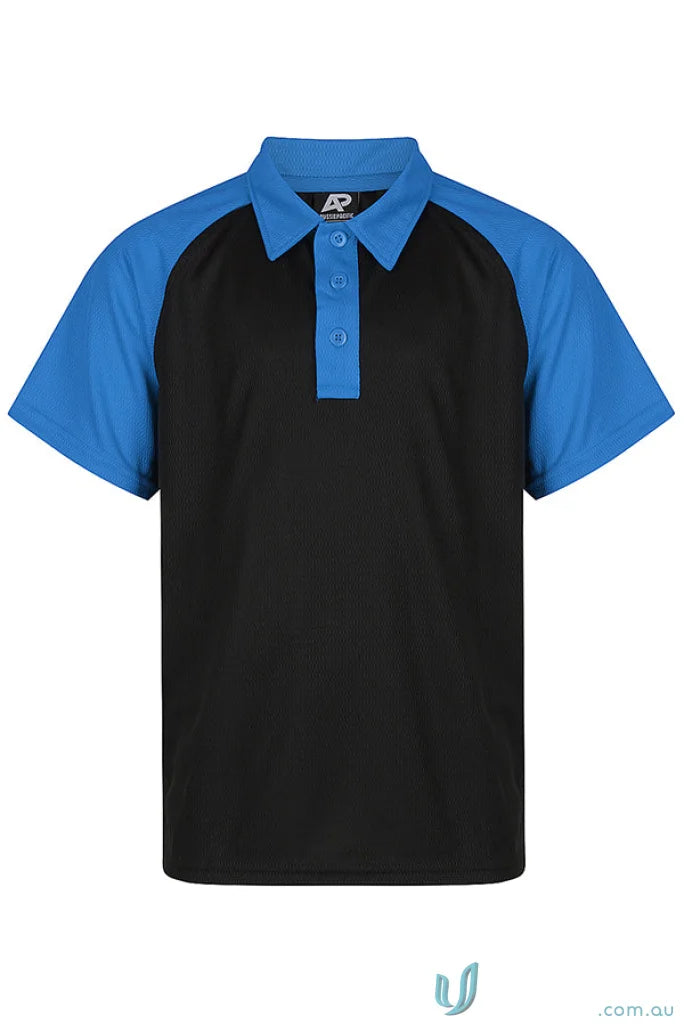 Kids black and blue short-sleeved polo shirt with soft fabric for uniforms
