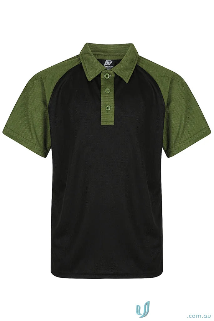 Kids black polo shirt with olive green raglan sleeves, perfect for uniforms and comfy fabric