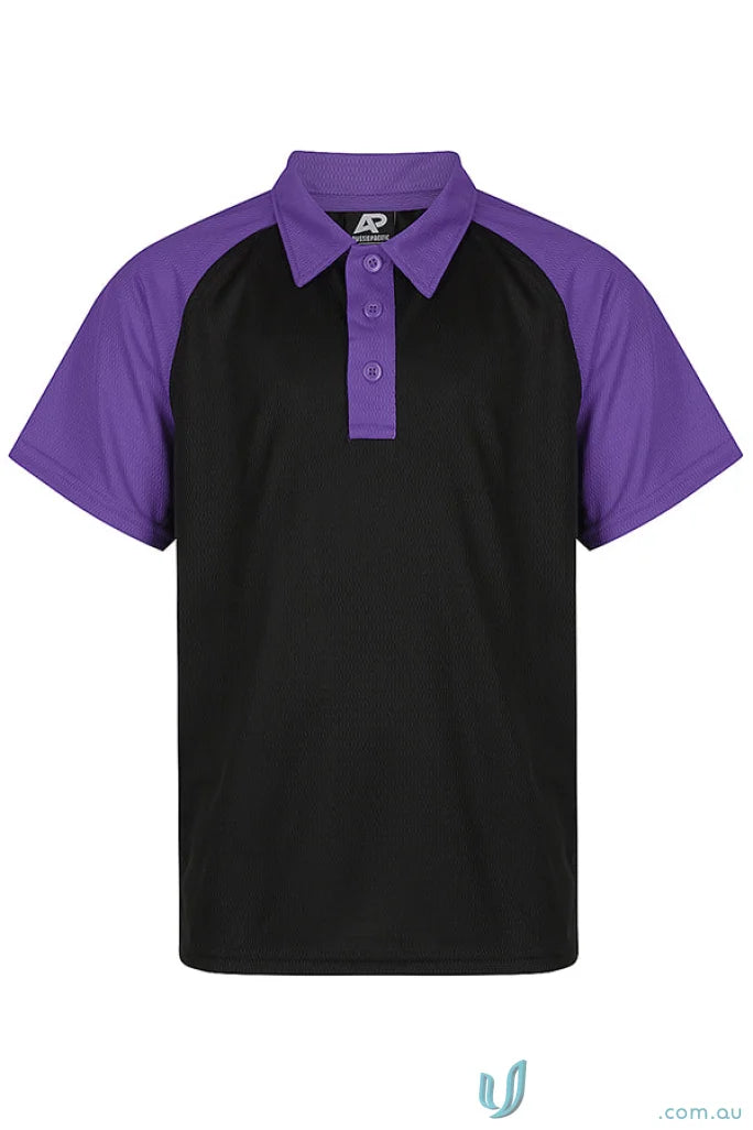 Black kids polo shirt with purple raglan sleeves and collar, perfect for uniforms