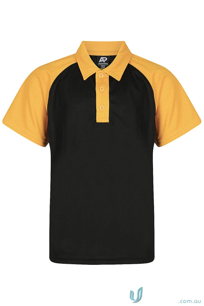 Kids black polo shirt with yellow raglan sleeves and collar, perfect for uniforms