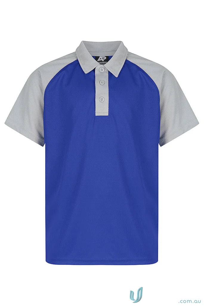 Blue and grey kids polo shirt with fabric details from Manly Kids Polos uniforms