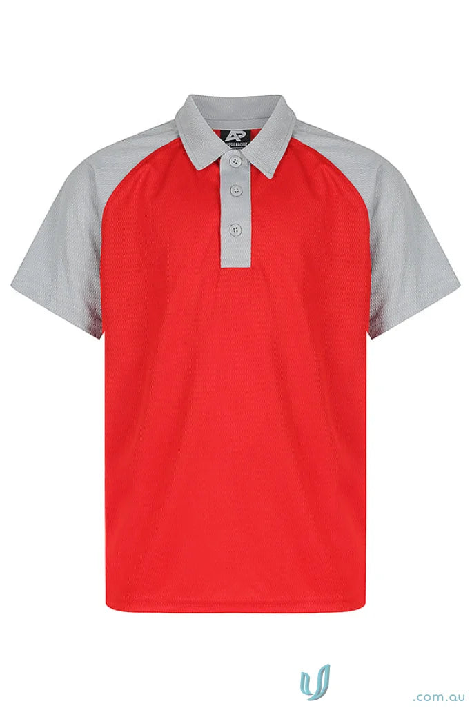 Kids polo shirt with red fabric, gray raglan sleeves, perfect for uniforms