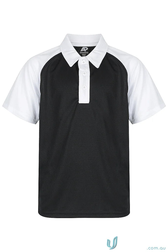 Kids polo shirt with black fabric, white sleeves and collar, perfect for uniforms