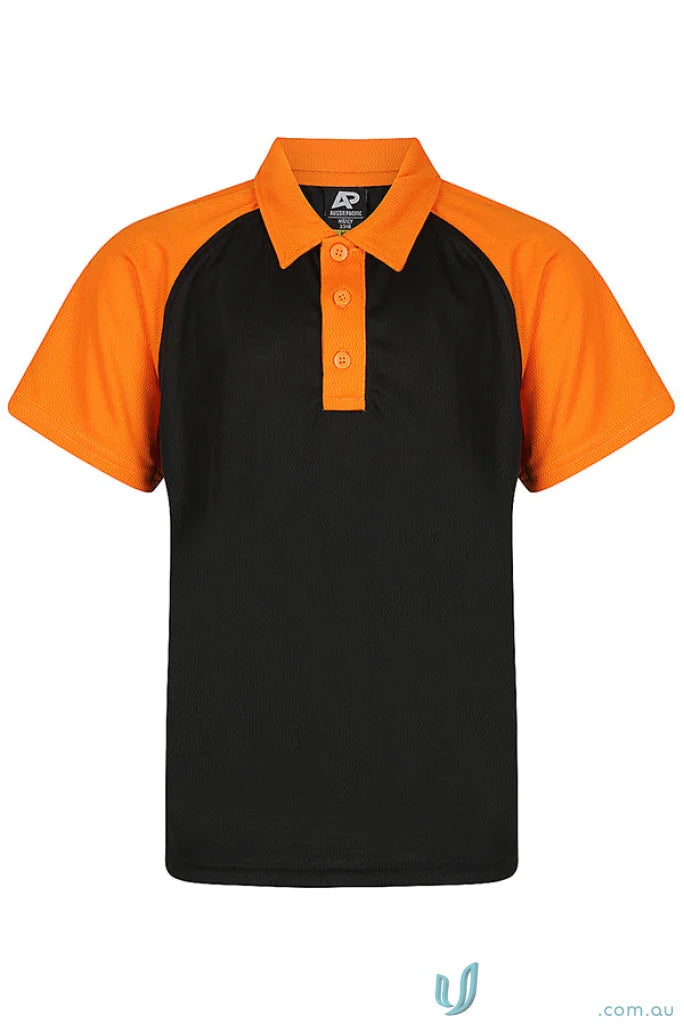 Kids polo shirt with black fabric and orange raglan sleeves from Manly Kids Polos