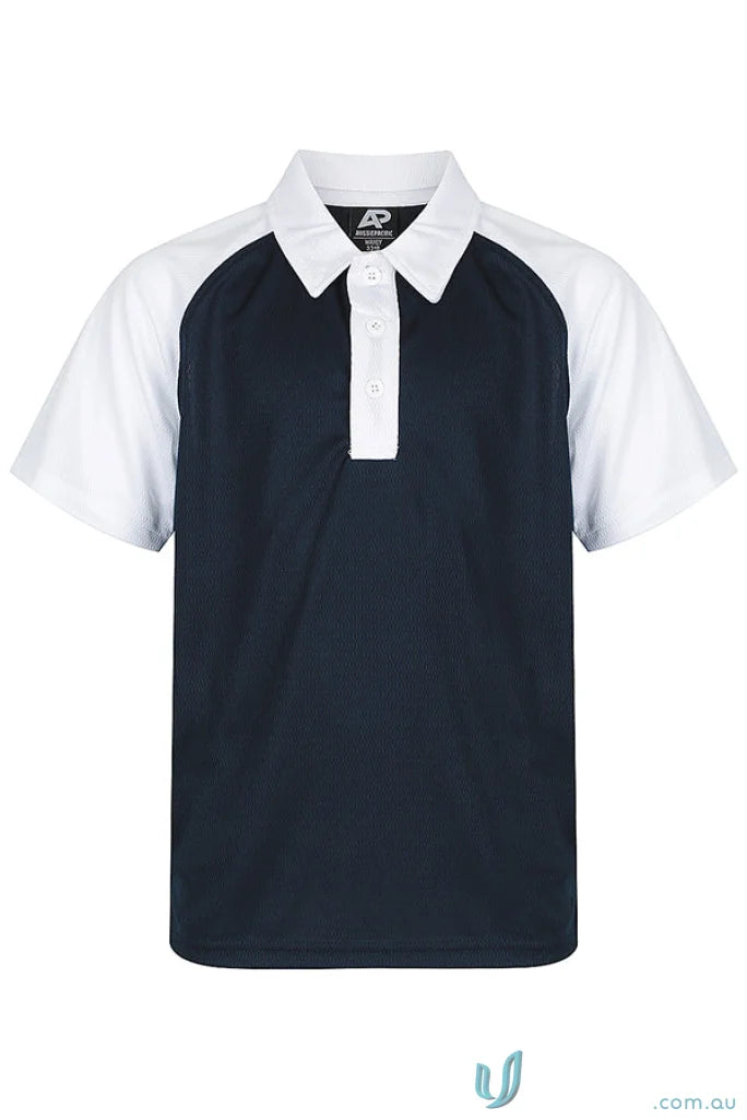Kids polo shirt with navy blue fabric and white raglan sleeves from Manly Kids Polos