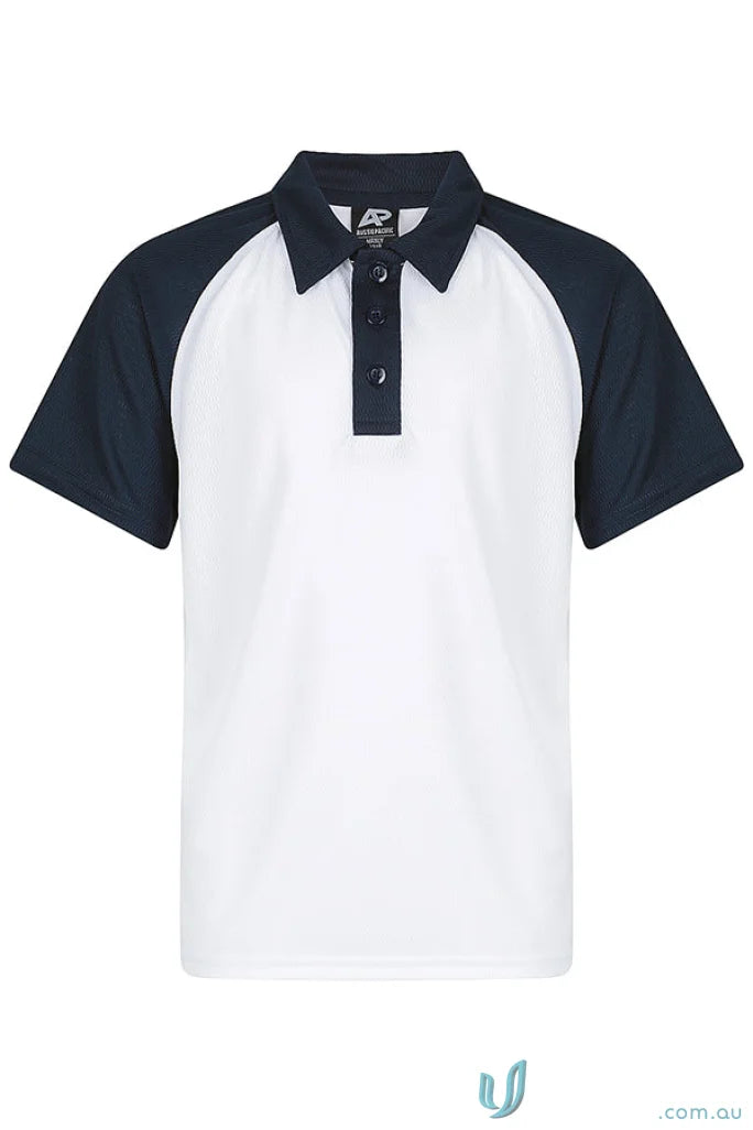 Kids two-tone short-sleeve polo shirt with navy collar and white fabric for uniforms