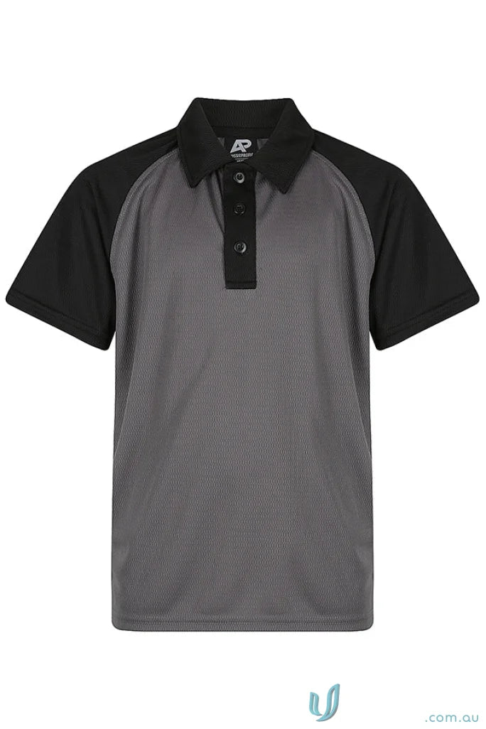 Kids polo shirt with textured fabric, black collar, raglan sleeves, perfect for uniforms