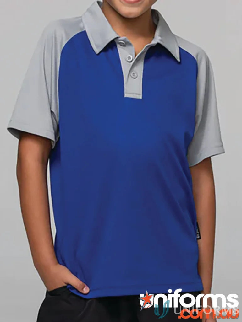Kids polo shirt with royal blue fabric and gray raglan sleeves from Manly Kids Polos