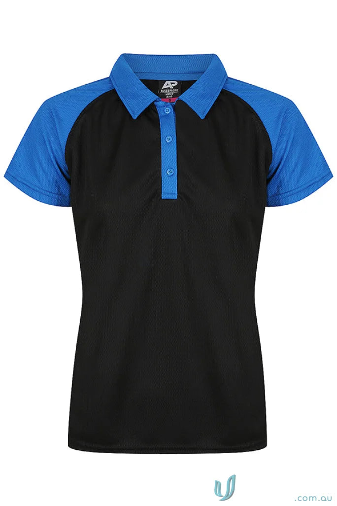 Black and blue short-sleeved polo shirt from Manly Lady Polos, perfect for uniforms and workwear