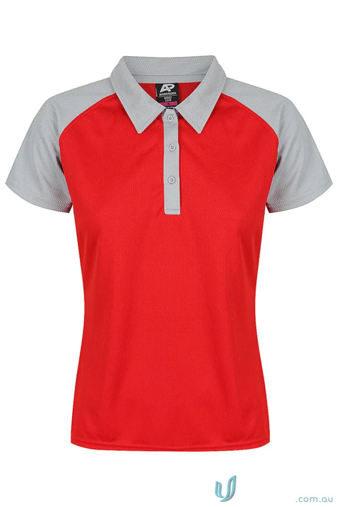 Red and grey womens polo shirt made of comfy fabric, perfect for uniforms or workwear