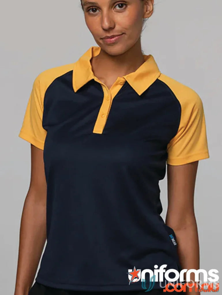 Woman modeling navy blue Manly Lady Polo with yellow raglan sleeves and collar, perfect workwear