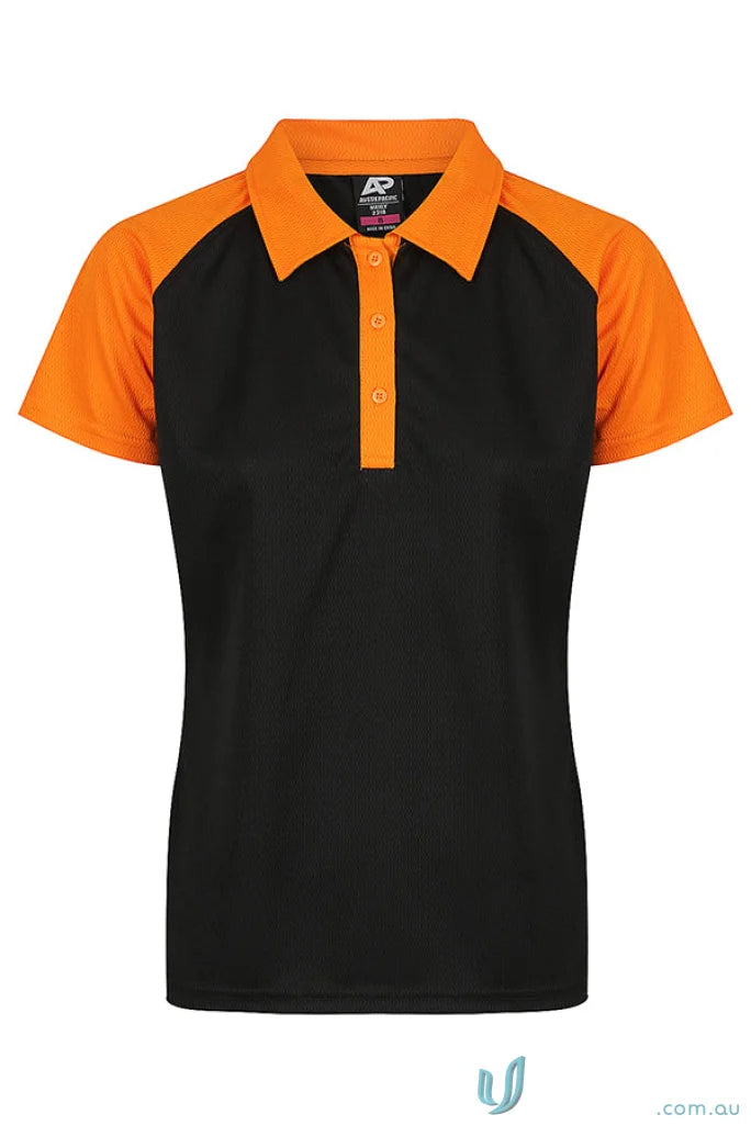 Black and orange women’s polo shirt with fabric detail, perfect for uniforms or workwear