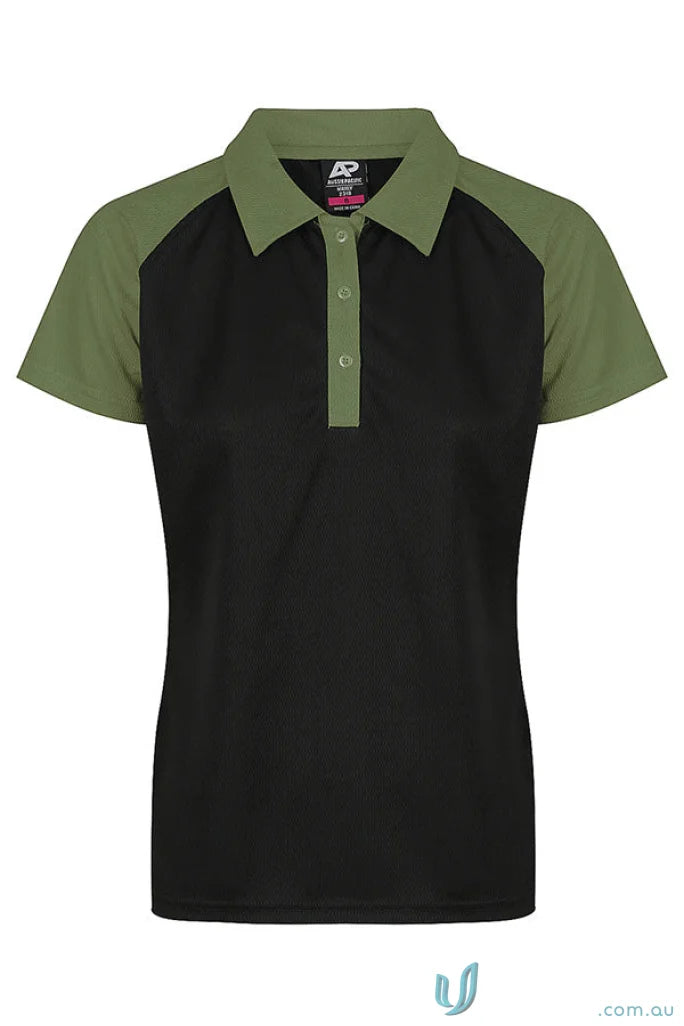 Women’s short-sleeved polo shirt with black body and olive green raglan sleeves, perfect for workwear and uniforms