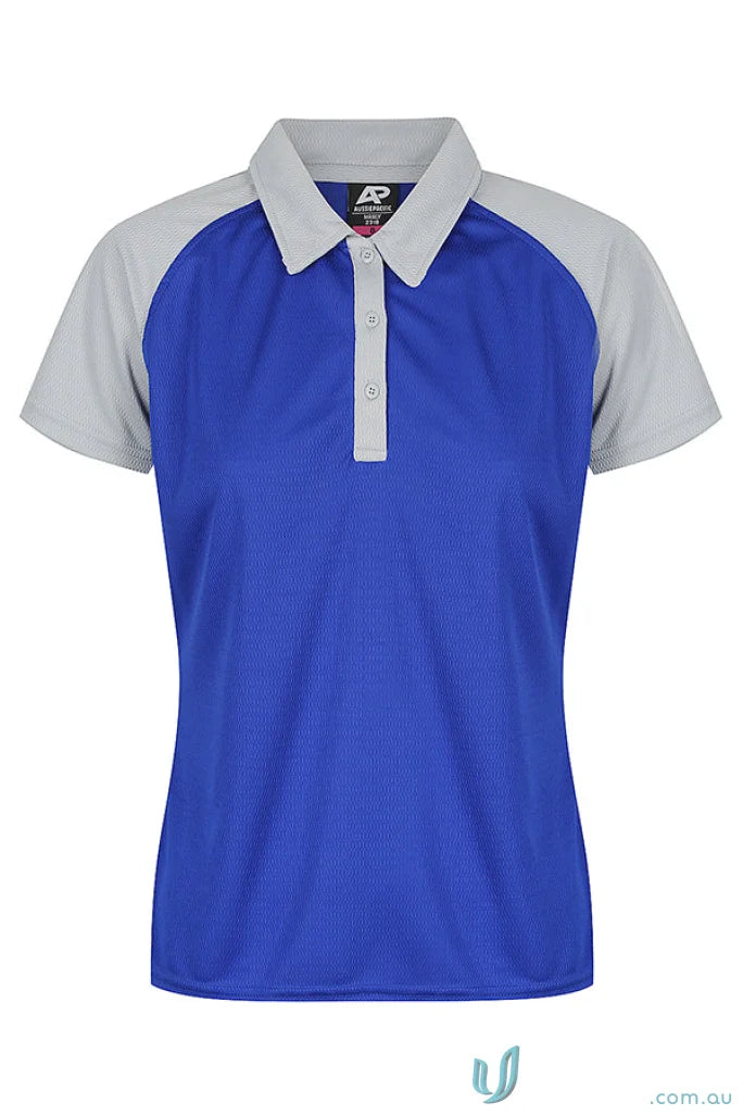 Women’s short-sleeved polo shirt with blue fabric, grey raglan sleeves, and collar for workwear