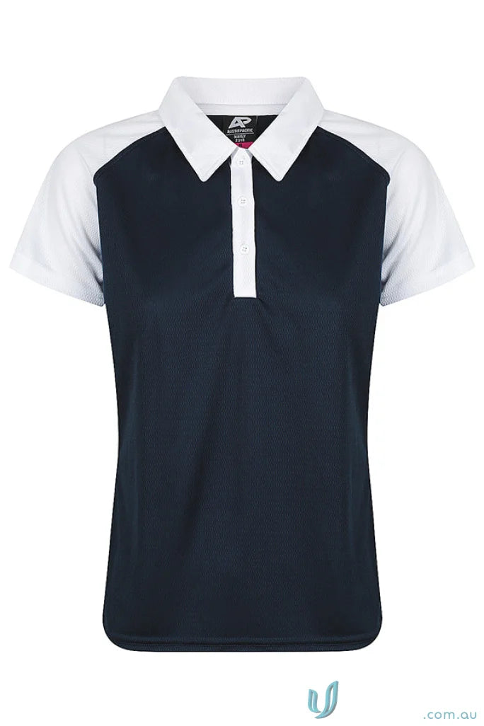 Women’s navy blue and white raglan polo shirt made of comfortable fabric, perfect for workwear or uniforms