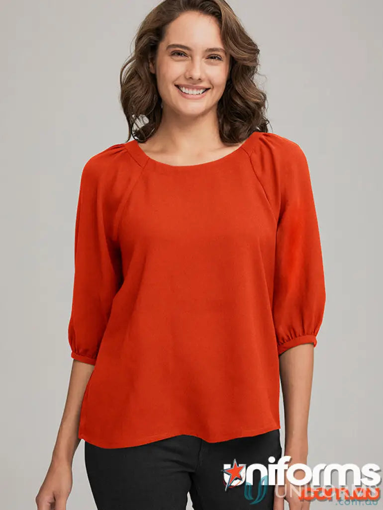 Woman wearing city collection Marilyn Marilyn 3qrt sleeve luxury recycled polyester blouse