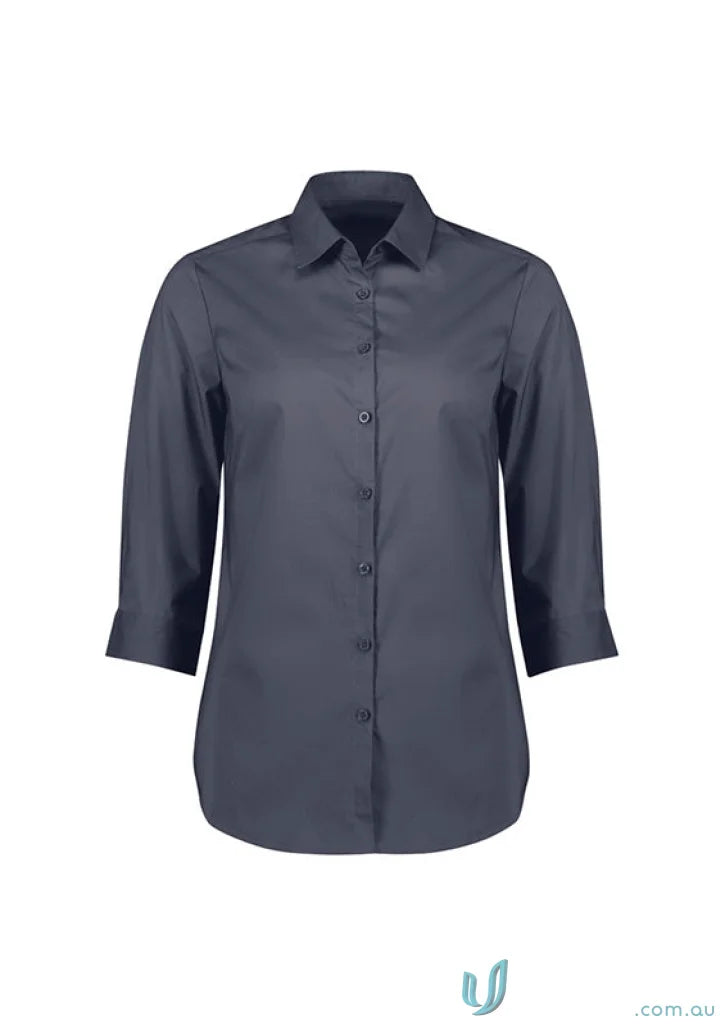 Gray button-down shirt from Mason Ladies 3Q Shirt, perfect for uniforms with longer length