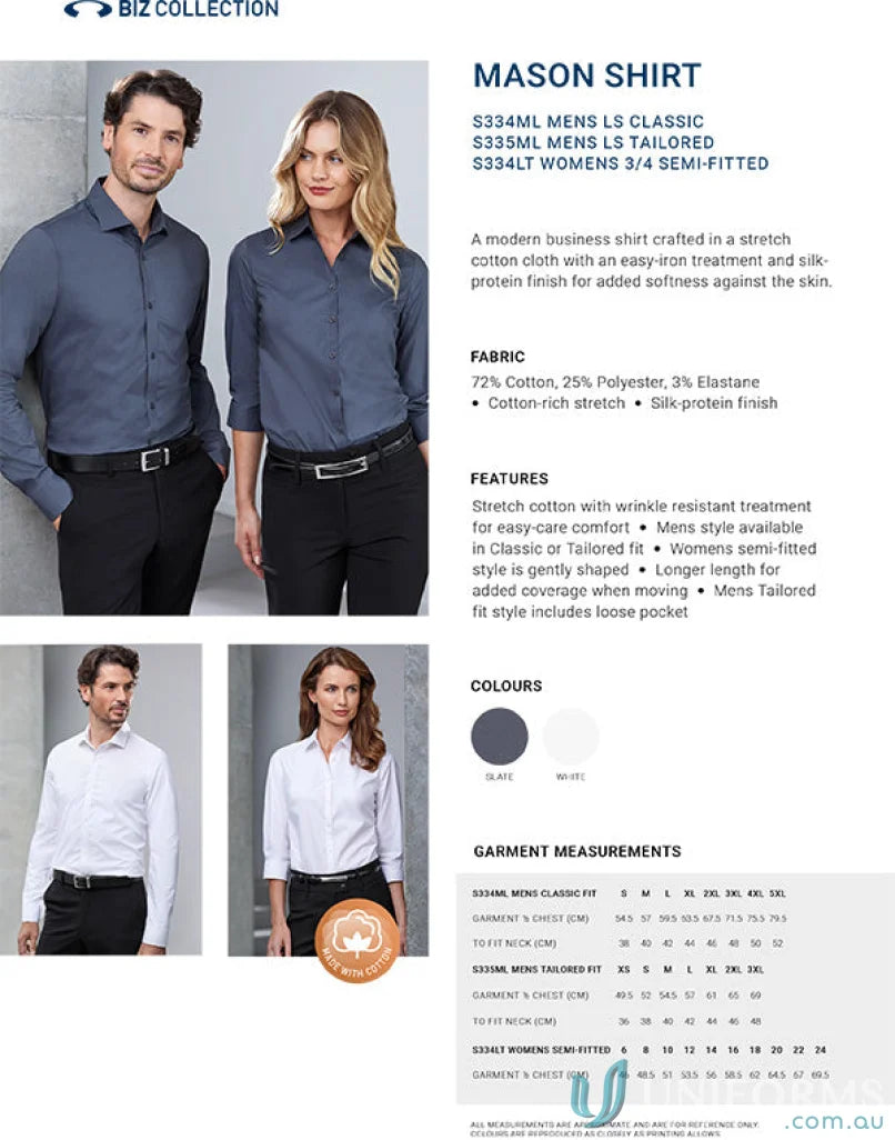 Mason Ladies 3Q Shirt showing product details for longer length uniforms coverage