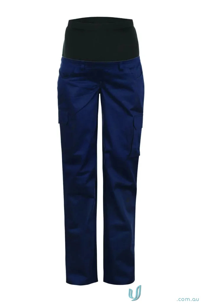 Navy blue maternity cargo trousers with reinforced stress points and cargo CSR tape