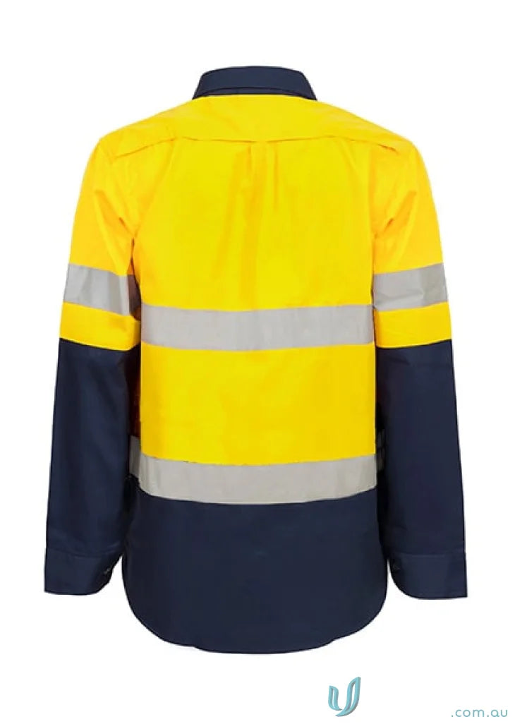 Yellow and blue women working HI VIS shirt CSR tape with 50-wash reflective tape