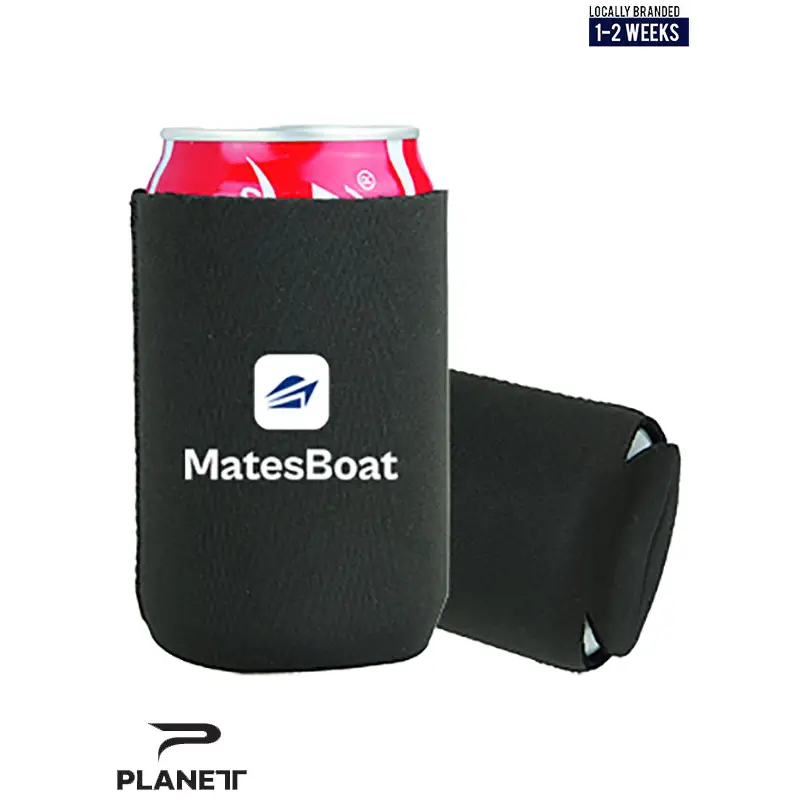 Black neoprene mates boat stubby holder with white logo and blue icon holding pink soda can for work uniforms