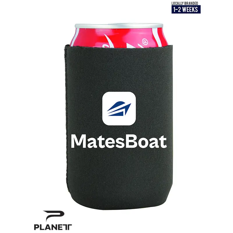 Black fabric mates boat stubby holder with white logo and blue wave, perfect for uniforms and workwear use