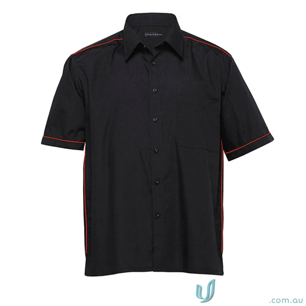 Black short-sleeved Matrix Teflon Poplin Shirt perfect for work uniform with sizing info