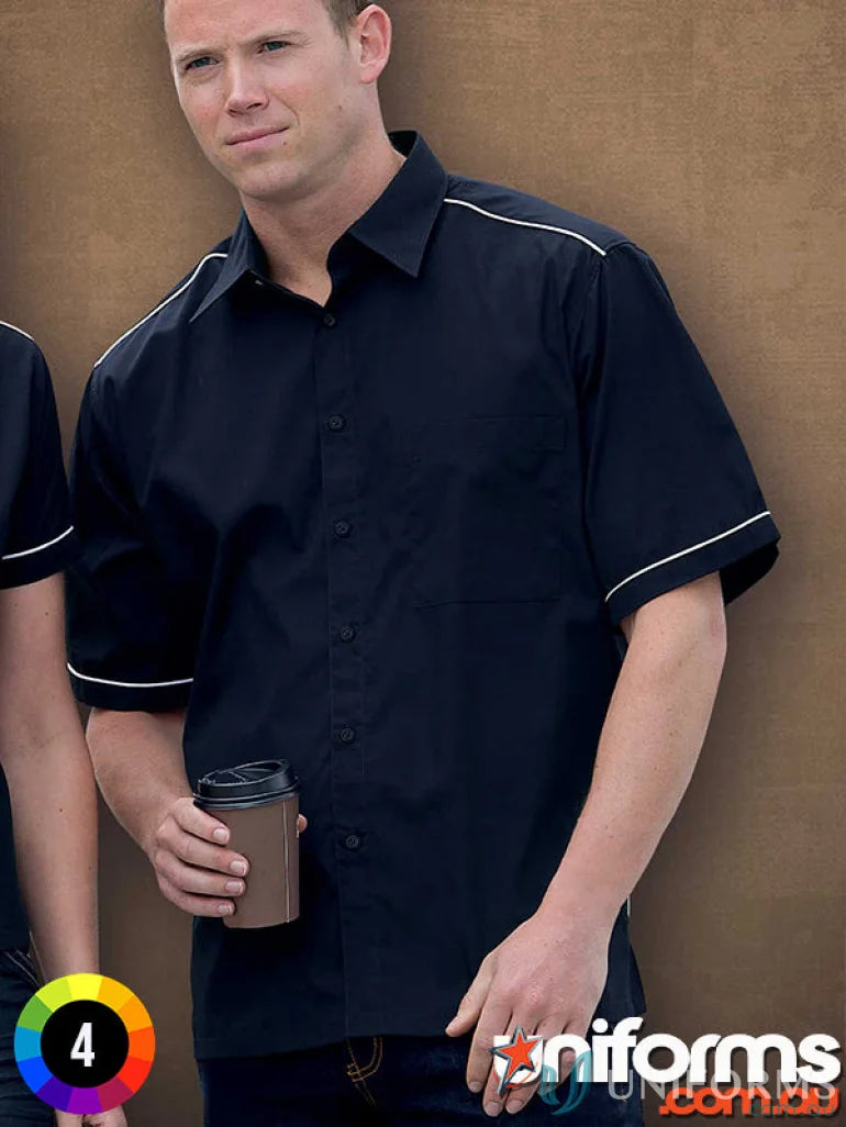 Black short-sleeved work uniform shirt with white trim from Matrix Teflon Poplin line