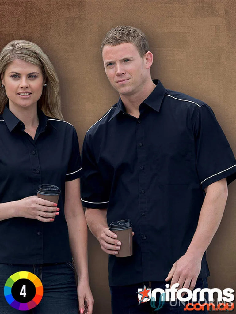 Matching black work uniform shirts from Matrix Teflon Poplin Shirt collection with sizing info