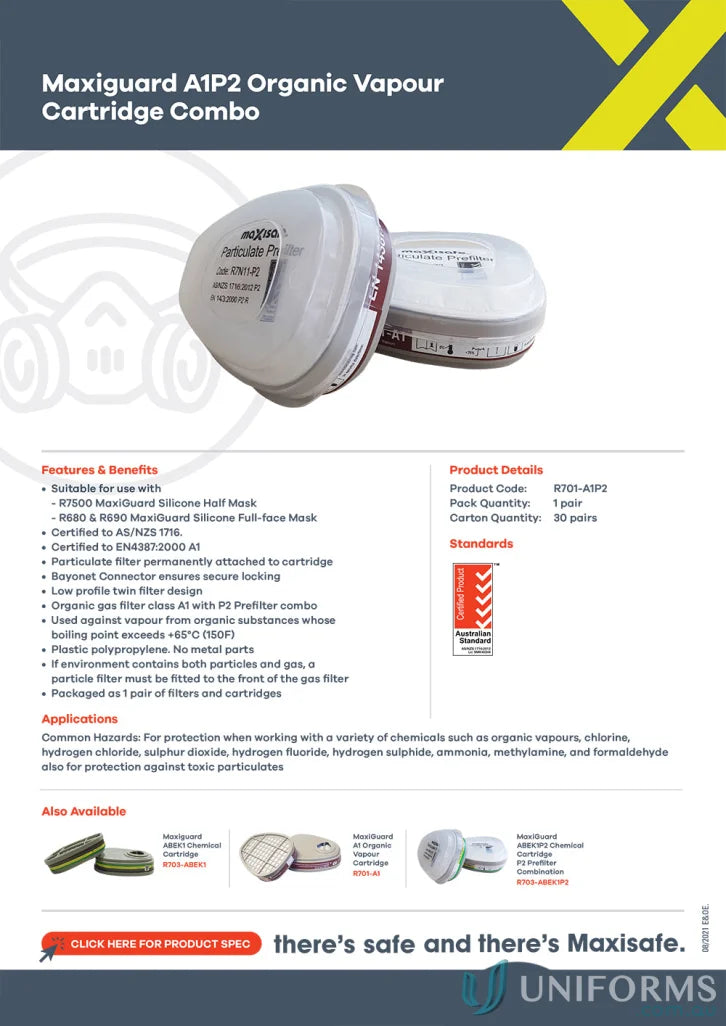 Maxiguard silicone gas filter combo with A1P2 organic vapor cartridge for uniforms