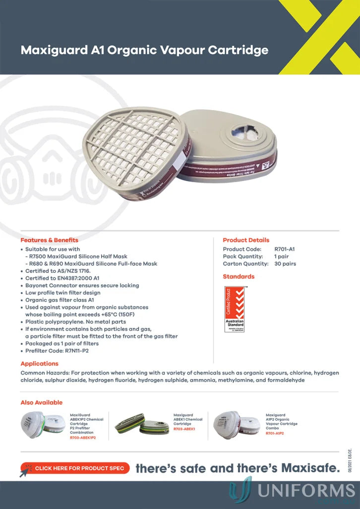 Maxiguard A1 Organic Vapour Cartridge for Maxiguard Silicone gas filter uniforms
