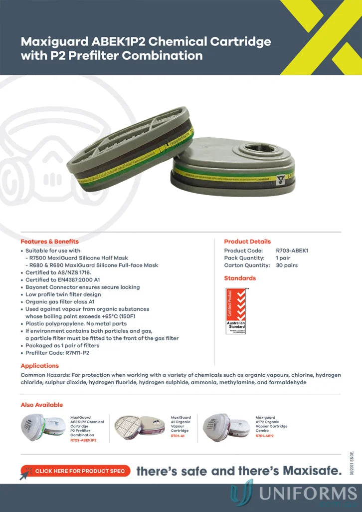 Maxiguard ABEK Gas Filter Cartridge with ABEK1P2 chemical cartridge and prefilter for uniforms