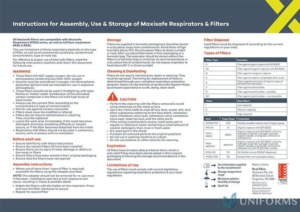 Maxiguard silicone gas filter and respirator instructions for uniforms
